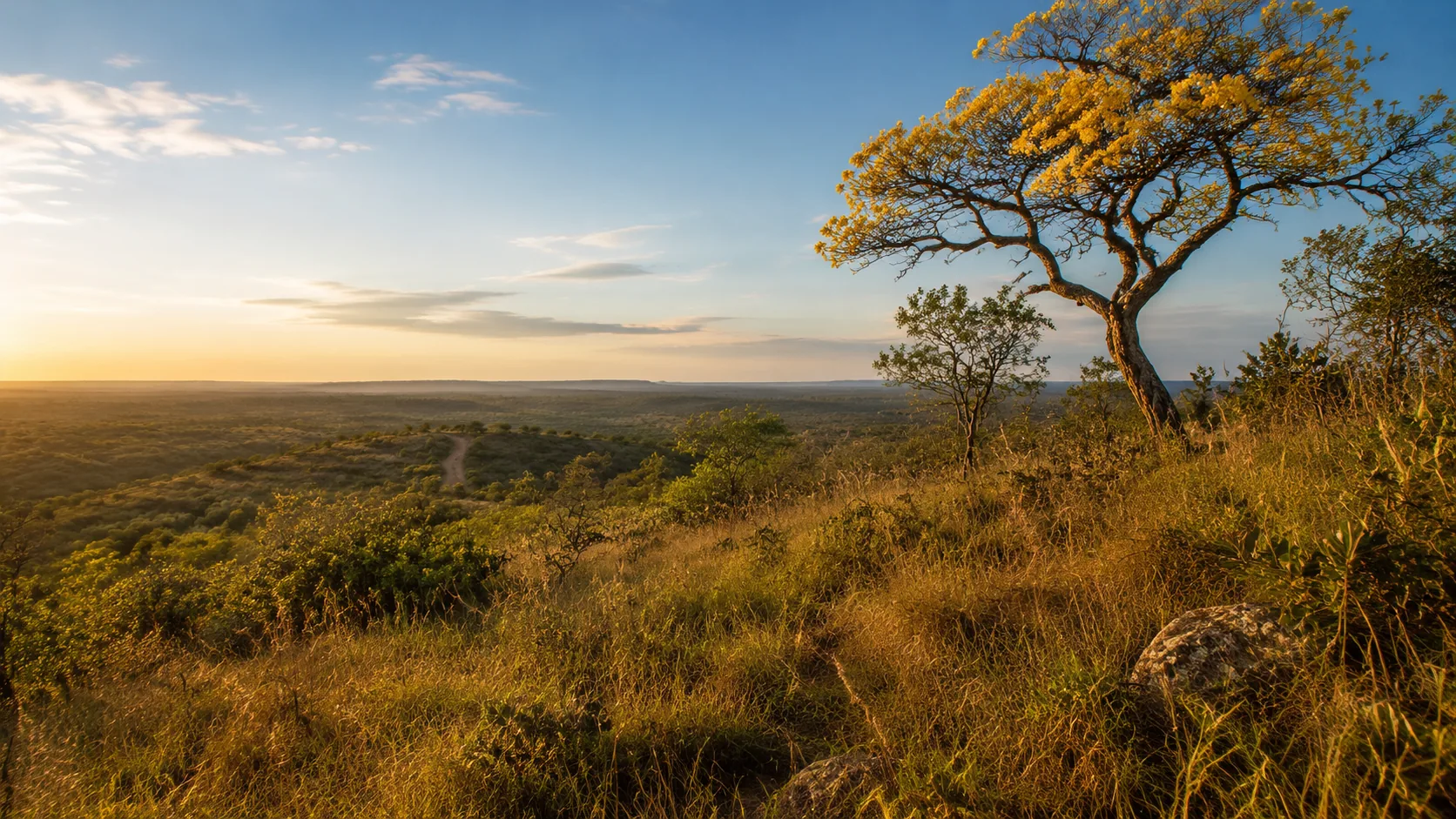 Árvore do Cerrado ao pôr do sol sobre a paisagem do bioma